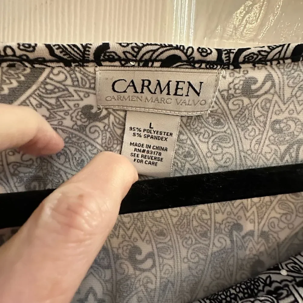 Carmen Marc Valvo Signature Draped Front Blouse Black & White Sequin Sz L - Picture 3 of 4